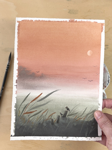 Paysage dans la brume et ciel rouge orangé, photo de l'aquarelle à réaliser lors de l'atelier d'aquarelle de Marjolaine Faure