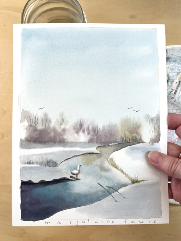 Forêt brumeuse en monochrome à l'aquarelle, visuel pour l'atelier d'aquarelle de Marjolaine Faure
